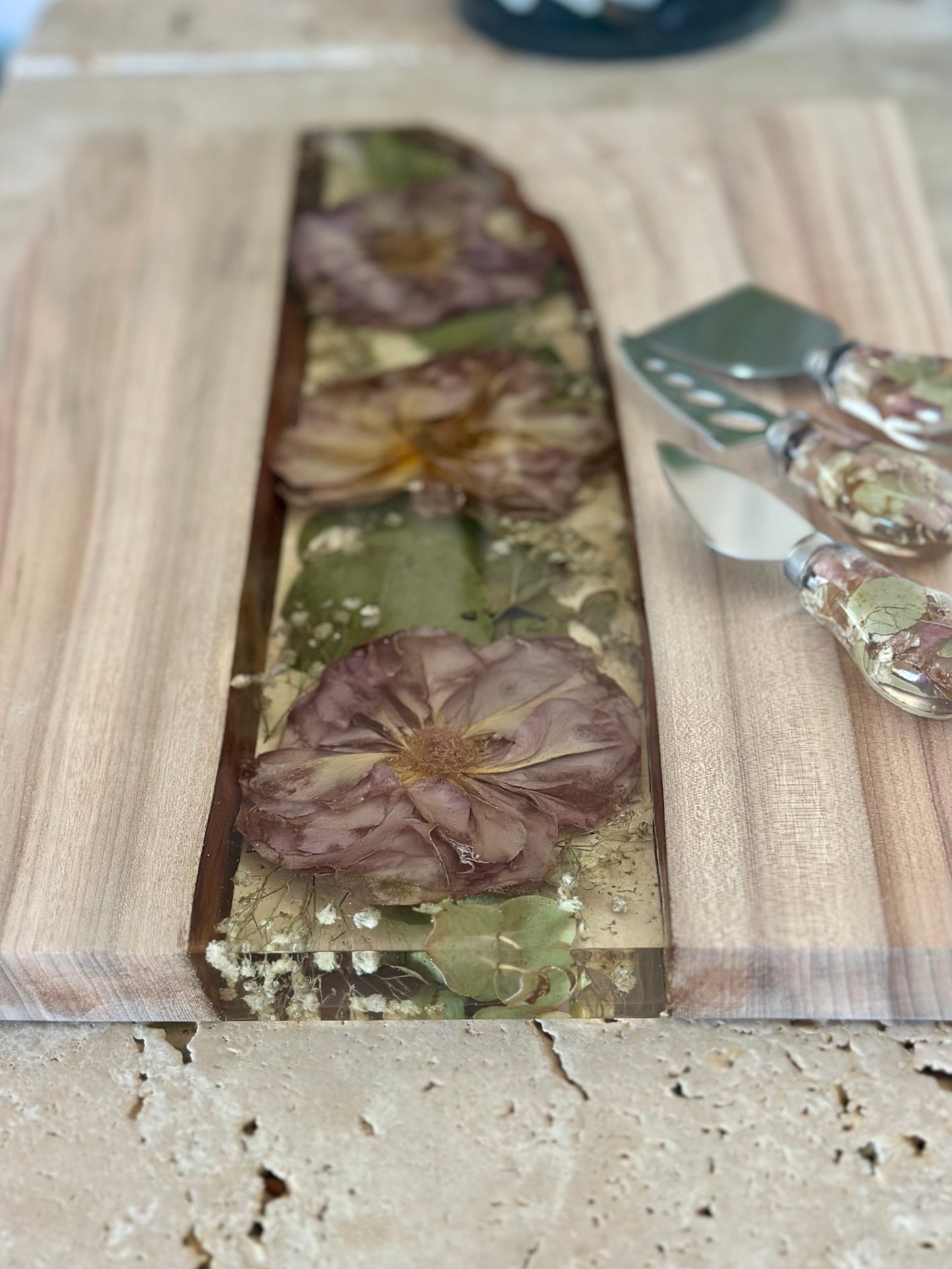 Live Edge River Serving Board Flower Preservation