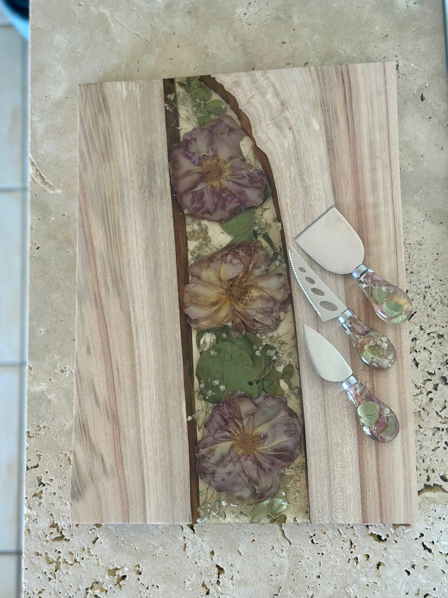 Live Edge River Serving Board Flower Preservation